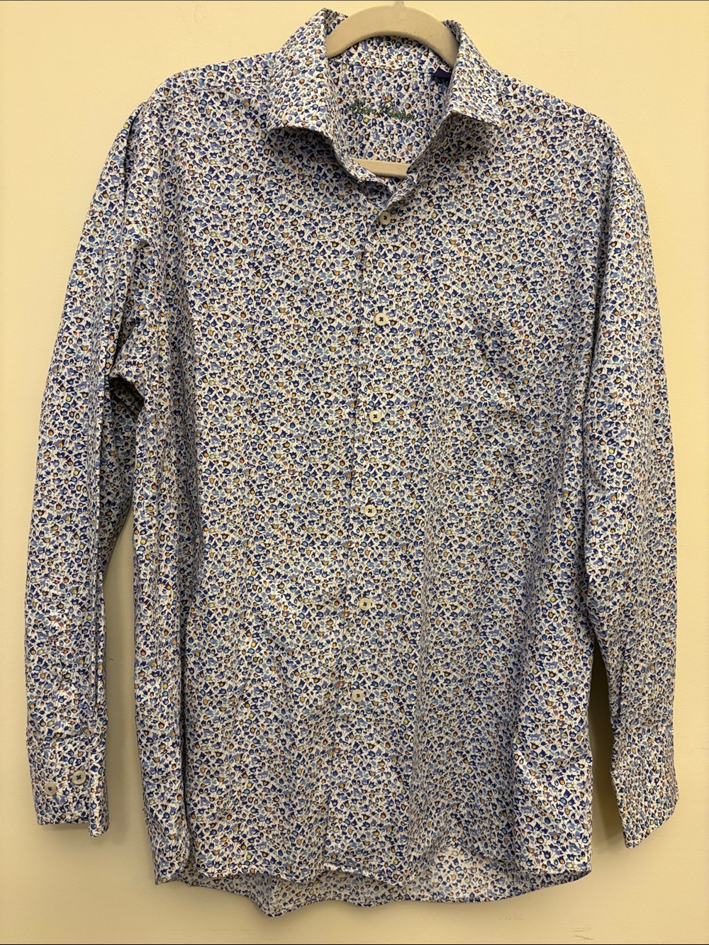 Alan Flusser White Periwinkle Ditsy Floral Long Sleeve Button Down Shirt Size L